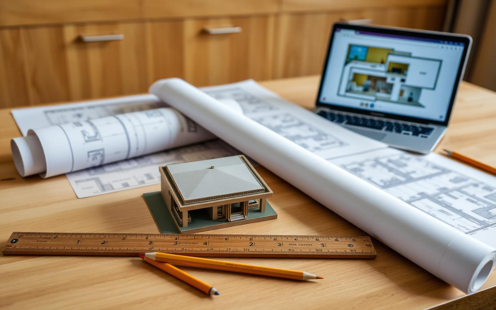 Architect's desk with blueprints and a scaled model of a farmhouse for land development consultation